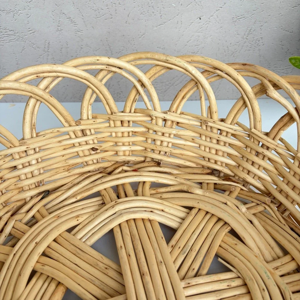 Vintage Round Wicker Rattan Basket Bowl Scalloped Edge 15 Inch Boho Decor